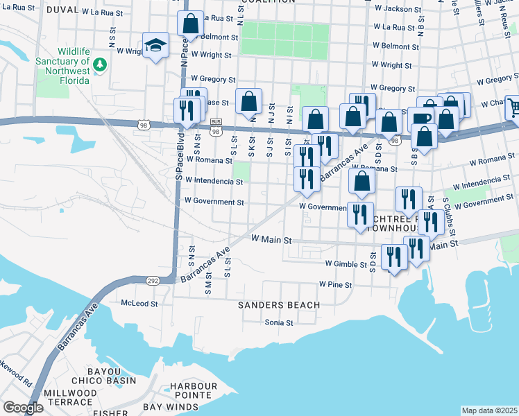 map of restaurants, bars, coffee shops, grocery stores, and more near 1750 West Government Street in Pensacola