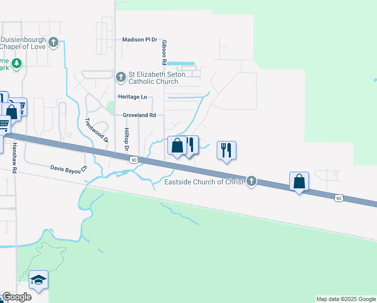 map of restaurants, bars, coffee shops, grocery stores, and more near 5 Lakeview Drive in Ocean Springs