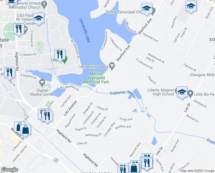 map of restaurants, bars, coffee shops, grocery stores, and more near 990 Stanford Avenue in Baton Rouge