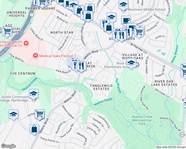 map of restaurants, bars, coffee shops, grocery stores, and more near 12180 Running Bird Lane in Austin