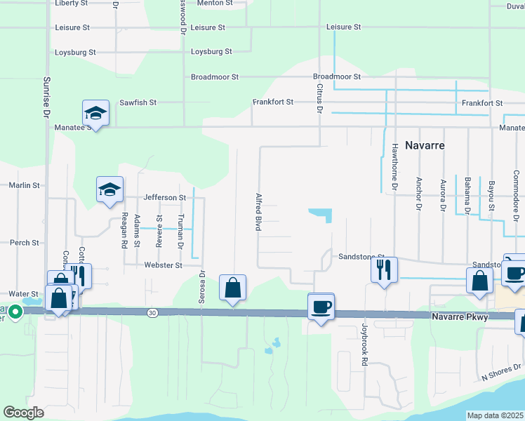 map of restaurants, bars, coffee shops, grocery stores, and more near 7201 Lexi Circle in Navarre