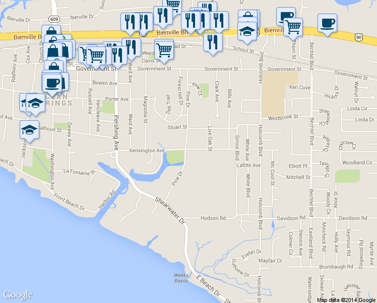 map of restaurants, bars, coffee shops, grocery stores, and more near 1902 Kensington Avenue in Ocean Springs