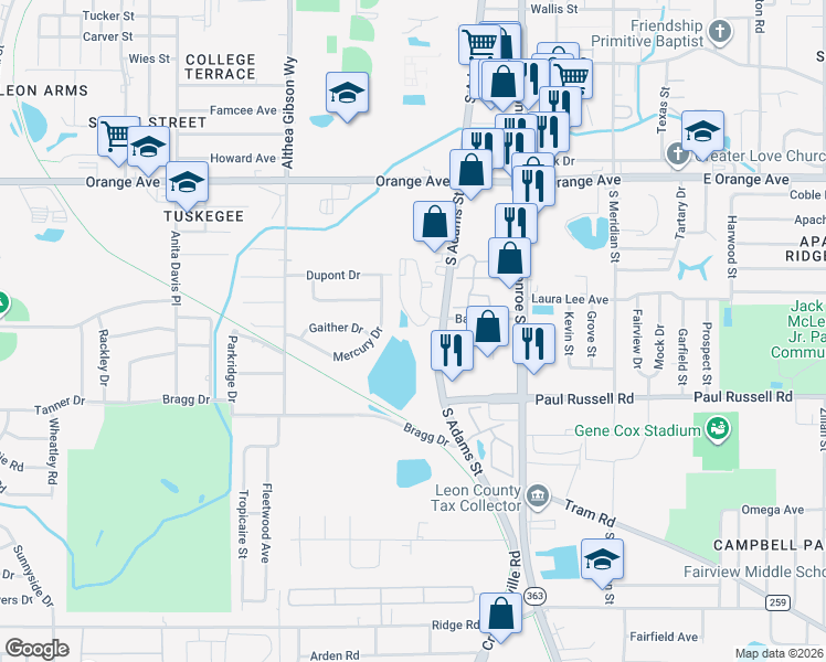 map of restaurants, bars, coffee shops, grocery stores, and more near 2529 South Adams Street in Tallahassee