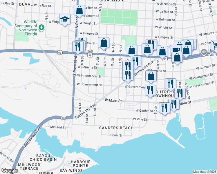 map of restaurants, bars, coffee shops, grocery stores, and more near 1750 West Government Street in Pensacola