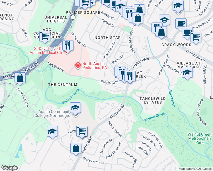 map of restaurants, bars, coffee shops, grocery stores, and more near 2111-2129 Park Bend Dr in Austin