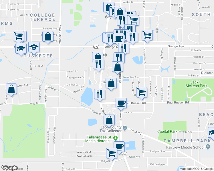 map of restaurants, bars, coffee shops, grocery stores, and more near 105 Bass Street in Tallahassee