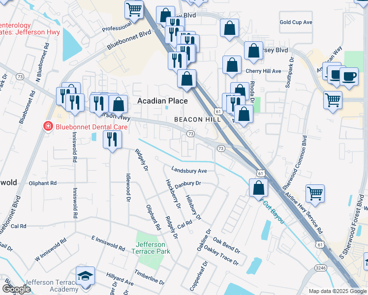map of restaurants, bars, coffee shops, grocery stores, and more near 10430 Jefferson Highway in Baton Rouge
