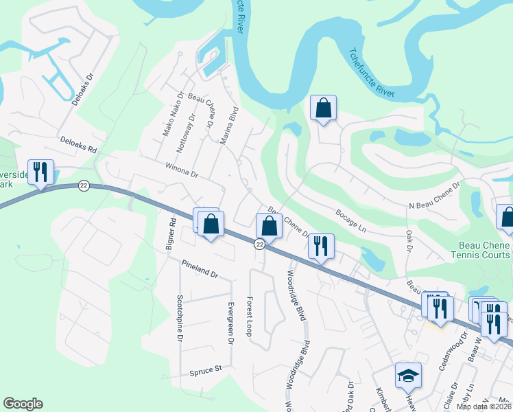 map of restaurants, bars, coffee shops, grocery stores, and more near 143 Beau Pre Drive in Mandeville