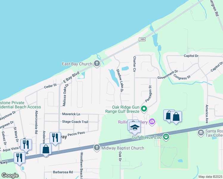 map of restaurants, bars, coffee shops, grocery stores, and more near 1995 Bright Water Drive in Gulf Breeze