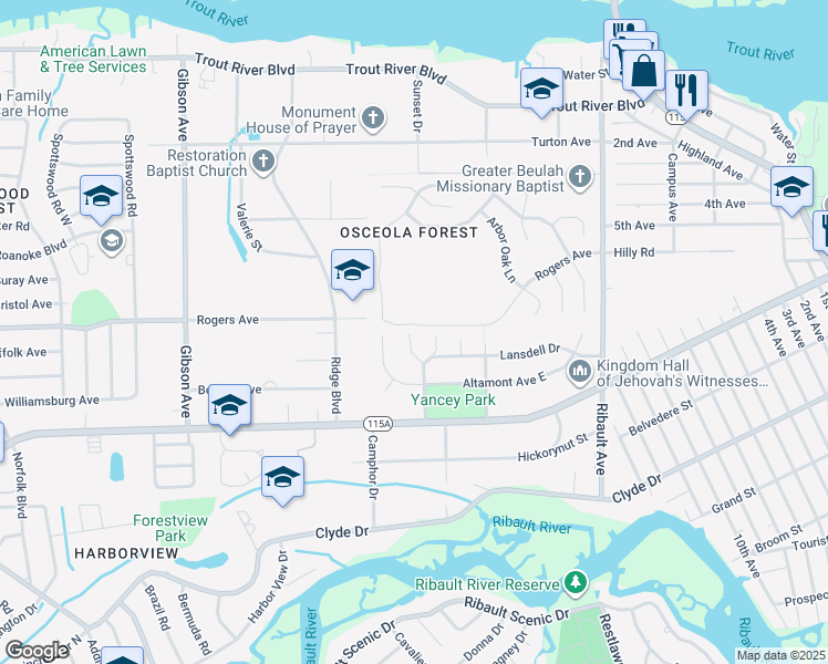 map of restaurants, bars, coffee shops, grocery stores, and more near 3231 Rogers Avenue in Jacksonville