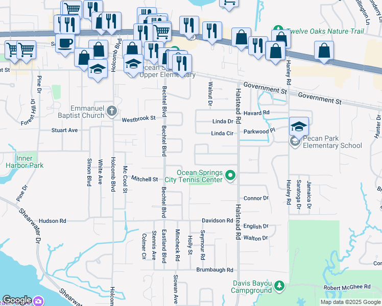map of restaurants, bars, coffee shops, grocery stores, and more near 246 Woodland Circle in Ocean Springs