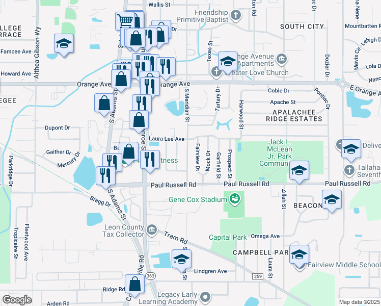 map of restaurants, bars, coffee shops, grocery stores, and more near 3005 Grove Street in Tallahassee