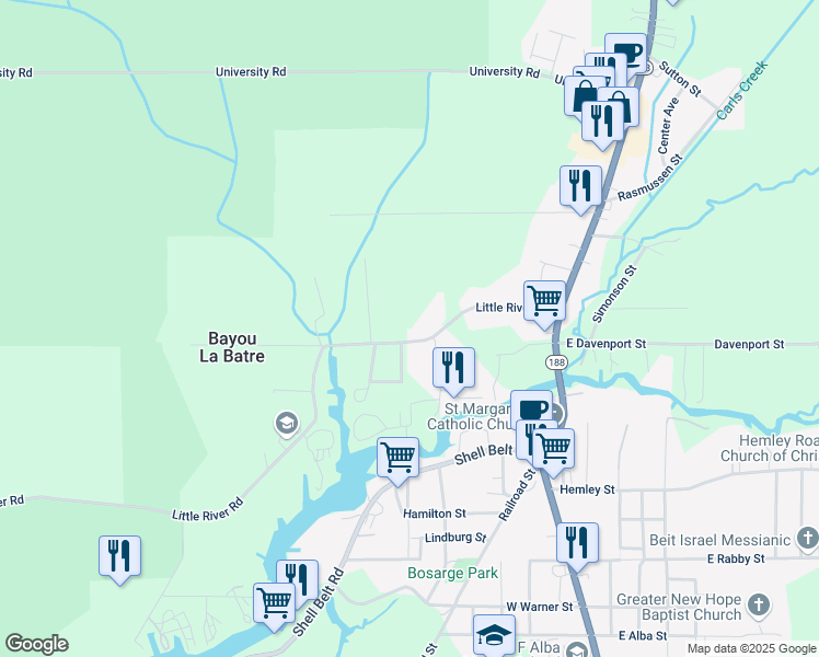 map of restaurants, bars, coffee shops, grocery stores, and more near 8980 Little River Road in Bayou La Batre