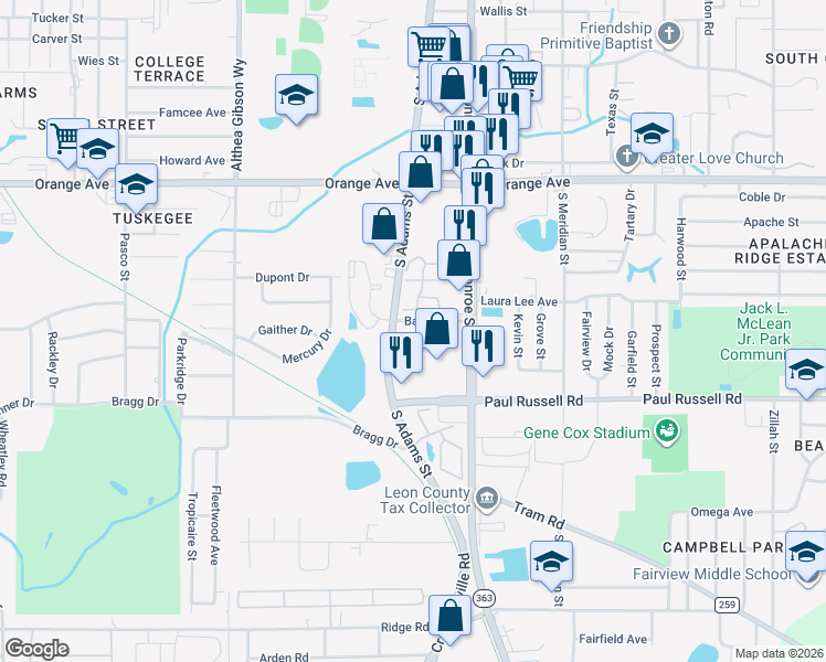 map of restaurants, bars, coffee shops, grocery stores, and more near 65 Bass Street in Tallahassee
