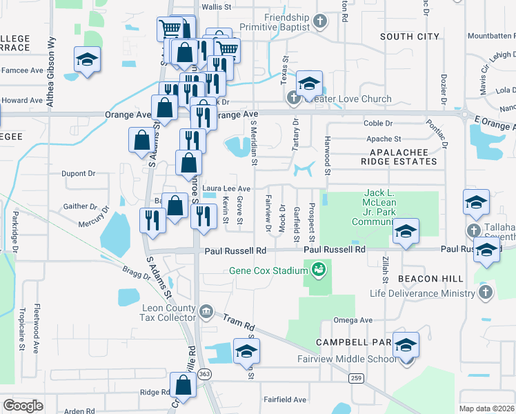 map of restaurants, bars, coffee shops, grocery stores, and more near 3005 Grove Street in Tallahassee