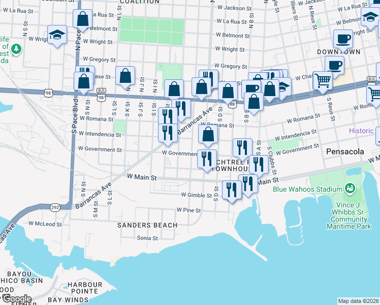 map of restaurants, bars, coffee shops, grocery stores, and more near 318 South G Street in Pensacola