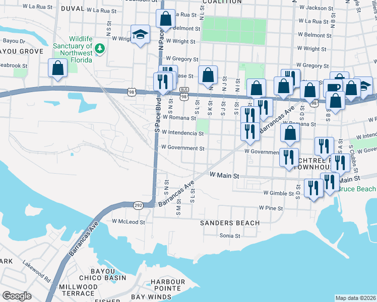 map of restaurants, bars, coffee shops, grocery stores, and more near 1818 West Government Street in Pensacola