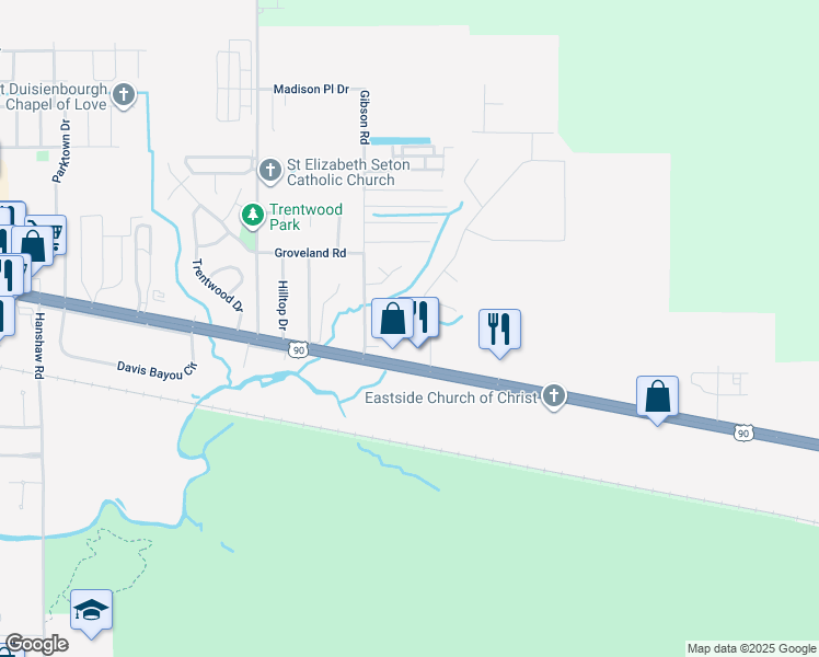 map of restaurants, bars, coffee shops, grocery stores, and more near 5 Lakeview Drive in Ocean Springs