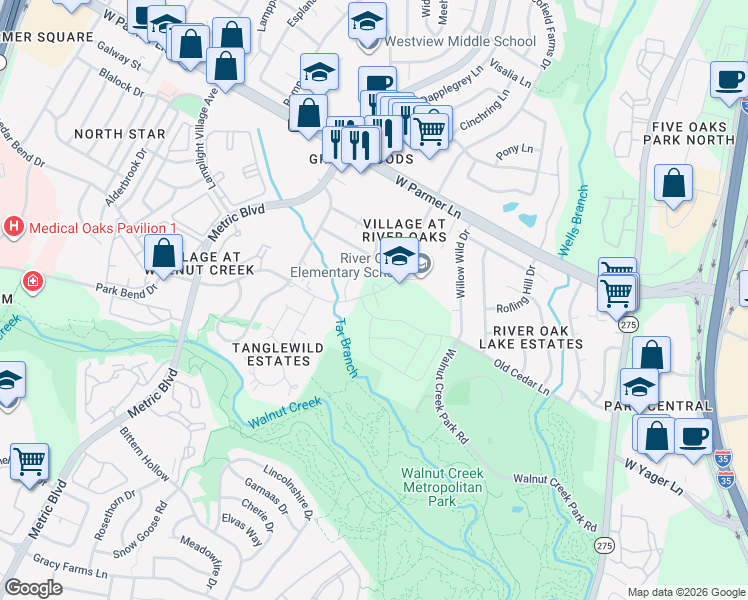 map of restaurants, bars, coffee shops, grocery stores, and more near 12301 Scofield Farms Drive in Austin