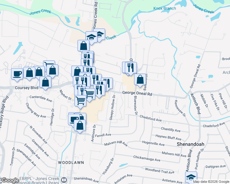 map of restaurants, bars, coffee shops, grocery stores, and more near 15550 George Oneal Road in Baton Rouge
