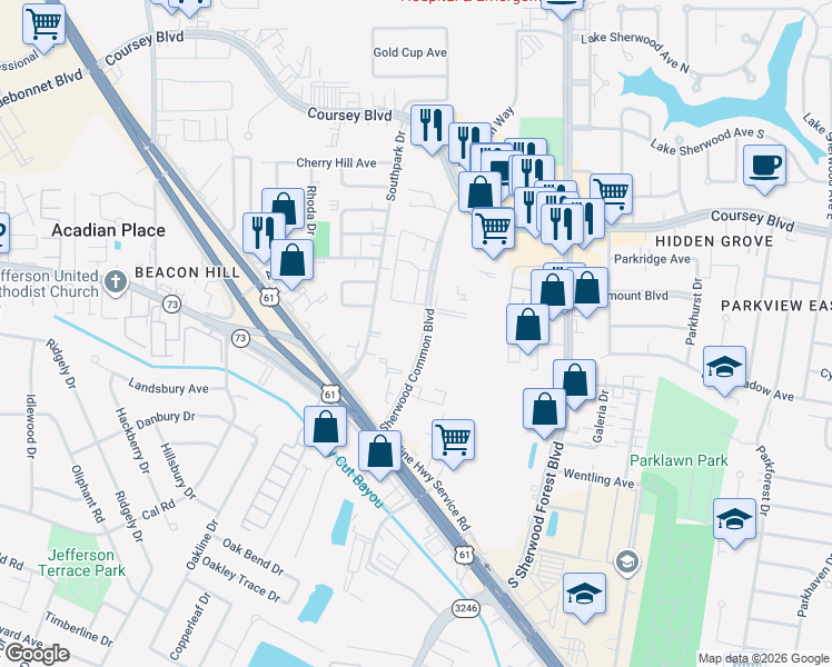 map of restaurants, bars, coffee shops, grocery stores, and more near 4600 Sherwood Commons Boulevard in Baton Rouge