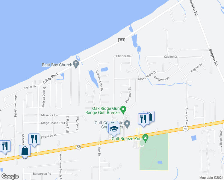 map of restaurants, bars, coffee shops, grocery stores, and more near 1974 Justice Circle in Gulf Breeze