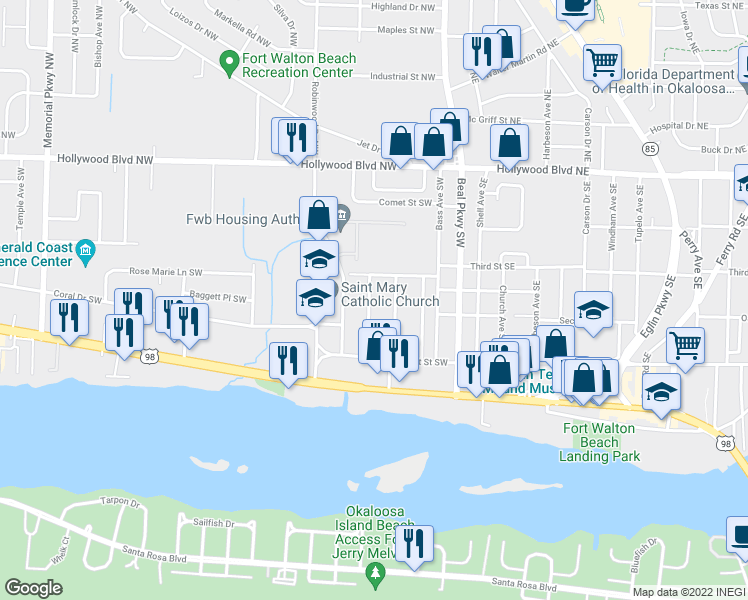 map of restaurants, bars, coffee shops, grocery stores, and more near 109 Fourth Avenue Southwest in Shalimar