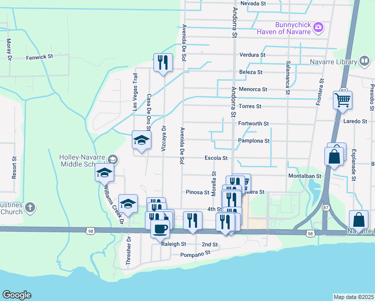 map of restaurants, bars, coffee shops, grocery stores, and more near 2022 Avenida De Sol in Navarre