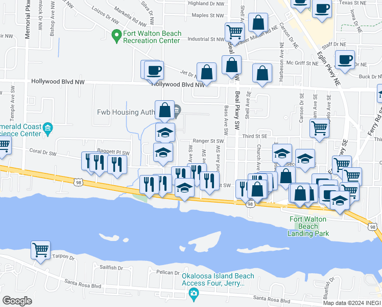 map of restaurants, bars, coffee shops, grocery stores, and more near 109 Fourth Avenue Southwest in Fort Walton Beach