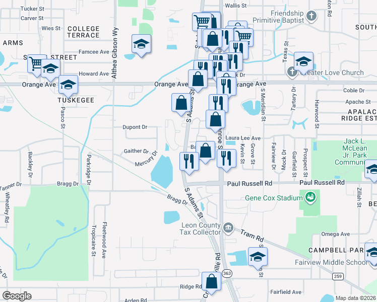 map of restaurants, bars, coffee shops, grocery stores, and more near 65 Bass Street in Tallahassee