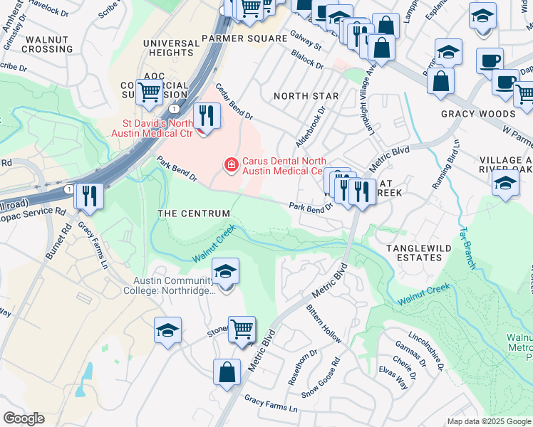 map of restaurants, bars, coffee shops, grocery stores, and more near 2205 Park Bend Drive in Austin
