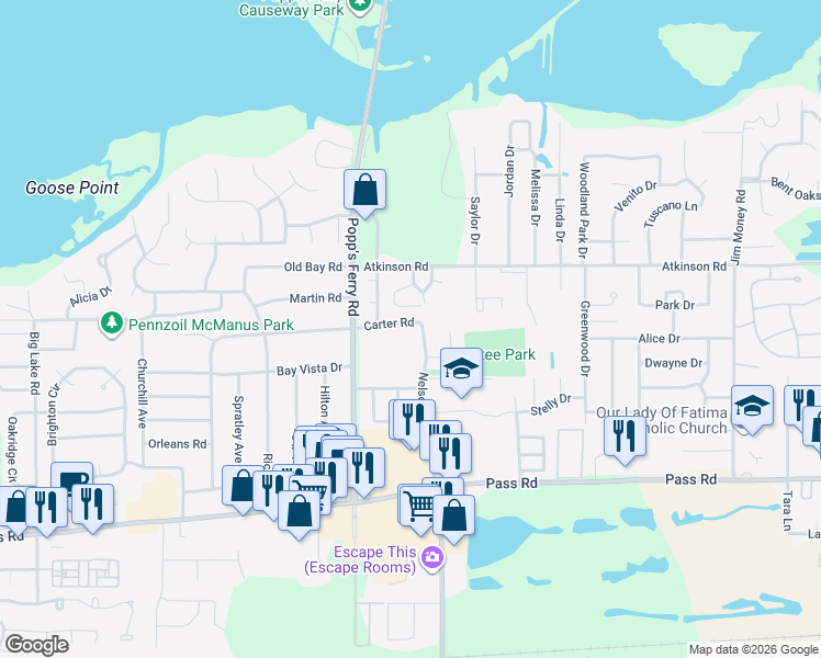 map of restaurants, bars, coffee shops, grocery stores, and more near 2367 Carter Road in Biloxi