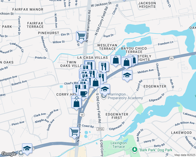 map of restaurants, bars, coffee shops, grocery stores, and more near in West Pensacola
