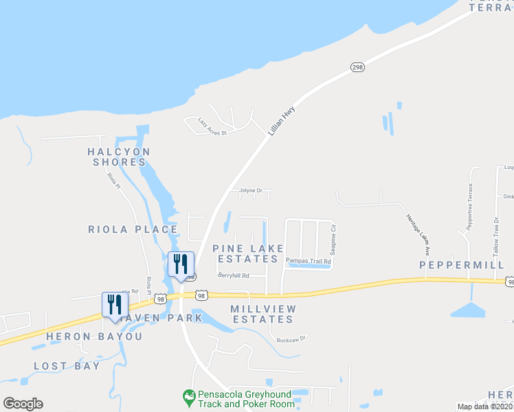 map of restaurants, bars, coffee shops, grocery stores, and more near 10753 Jolyne Terrace in Pensacola