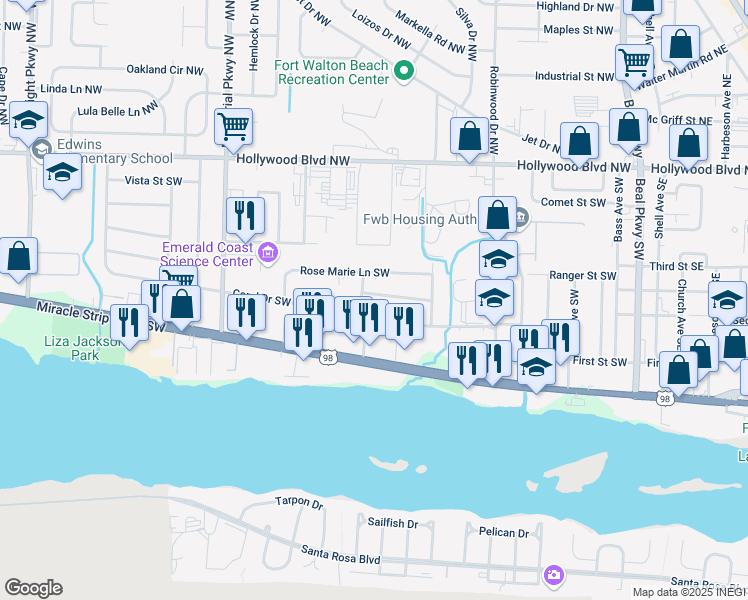 map of restaurants, bars, coffee shops, grocery stores, and more near 198 Baggett Place Southwest in Fort Walton Beach