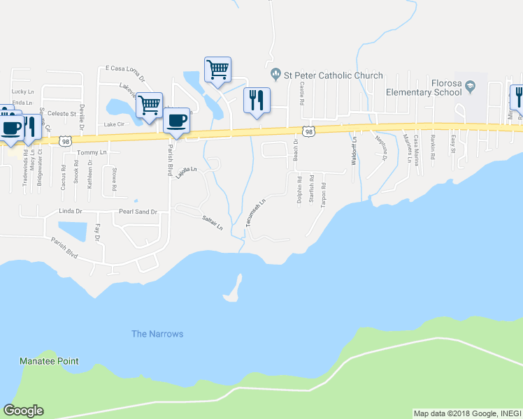 map of restaurants, bars, coffee shops, grocery stores, and more near 265 Tecumseh Lane in Mary Esther