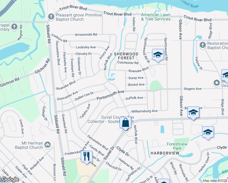 map of restaurants, bars, coffee shops, grocery stores, and more near 4737 Portsmouth Avenue in Jacksonville