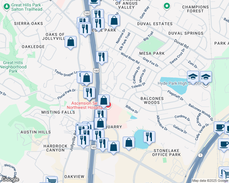 map of restaurants, bars, coffee shops, grocery stores, and more near 11202 Balcones Woods Cove in Austin
