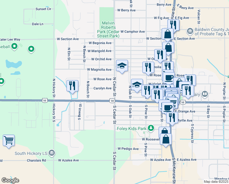 map of restaurants, bars, coffee shops, grocery stores, and more near 200 North Cedar Street in Foley