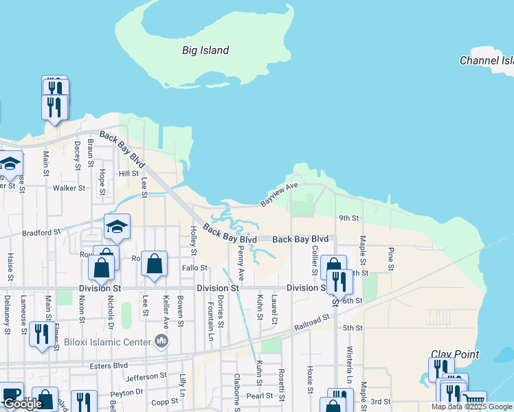 map of restaurants, bars, coffee shops, grocery stores, and more near 410 Bayview Avenue in Biloxi