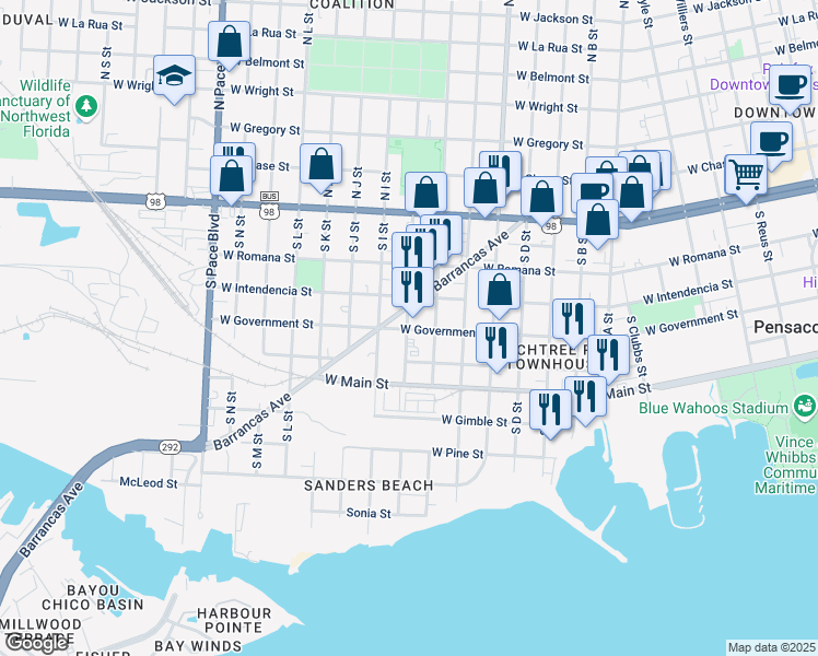 map of restaurants, bars, coffee shops, grocery stores, and more near 322 South H Street in Pensacola