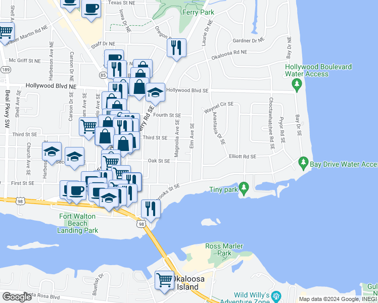 map of restaurants, bars, coffee shops, grocery stores, and more near 213 Tiffany Court Southeast in Fort Walton Beach