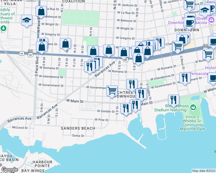 map of restaurants, bars, coffee shops, grocery stores, and more near 1200 West Government Street in Pensacola