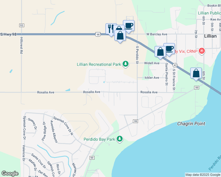 map of restaurants, bars, coffee shops, grocery stores, and more near 12532 Fretwell Lane in Lillian