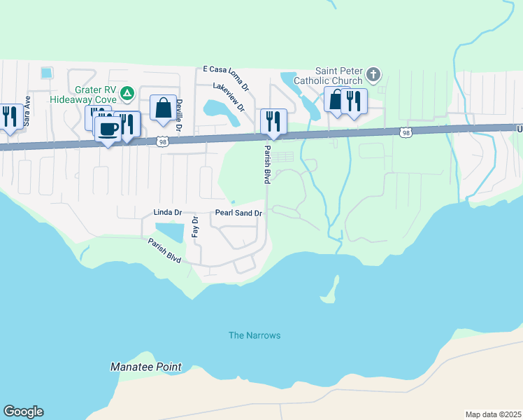 map of restaurants, bars, coffee shops, grocery stores, and more near 619 Parish Boulevard in Mary Esther