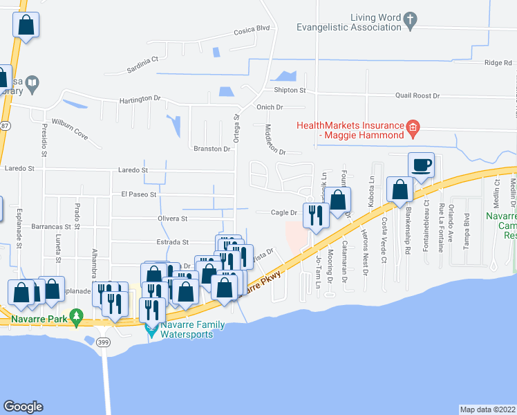 map of restaurants, bars, coffee shops, grocery stores, and more near 8814 Cagle Drive in Navarre