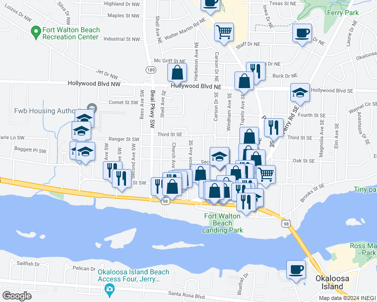 map of restaurants, bars, coffee shops, grocery stores, and more near 104 Harbeson Avenue Southeast in Fort Walton Beach