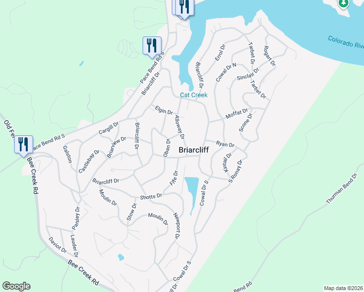 map of restaurants, bars, coffee shops, grocery stores, and more near 22105 Angus Drive in Briarcliff