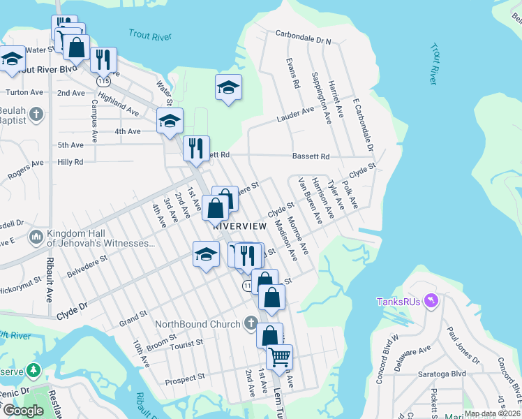 map of restaurants, bars, coffee shops, grocery stores, and more near 9118 Madison Avenue in Jacksonville