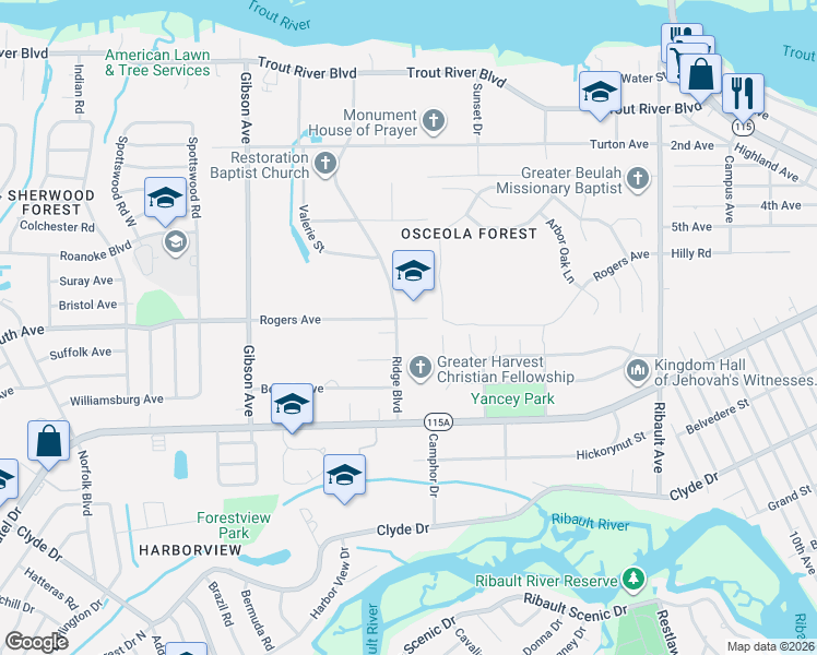 map of restaurants, bars, coffee shops, grocery stores, and more near 3606 Rogers Avenue in Jacksonville
